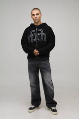 Boxy Fit Fluffy Branded Zip Thru Knitted Hoodie