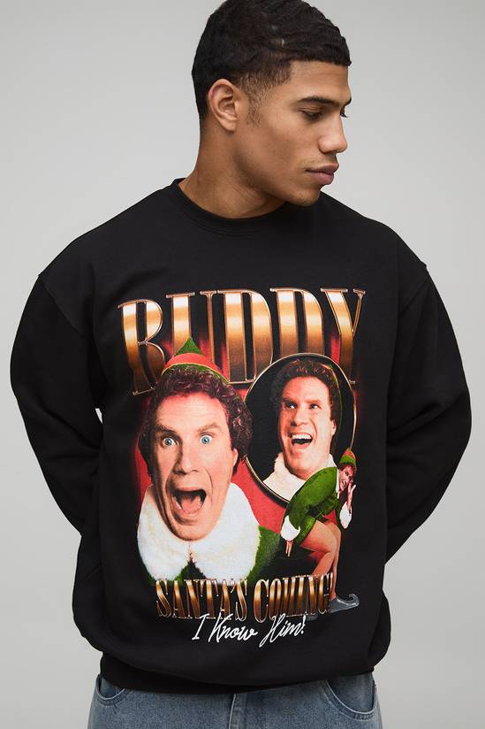 Black Oversized Buddy Elf Christmas License Printed Sweatshirt