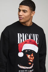 Black Oversized Biggie Christmas License Printed Sweatshirt