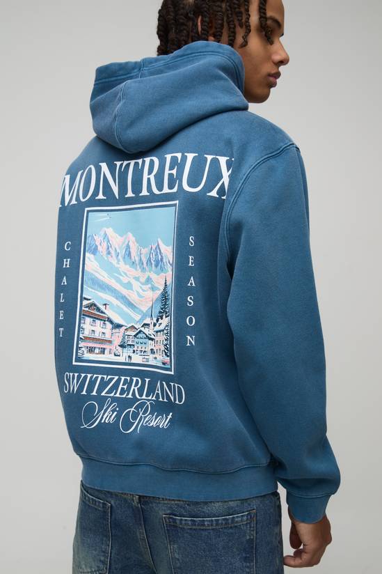 Relaxed Fit Montreux Switzerland Mountain Alps Washed Graphic Hoodie