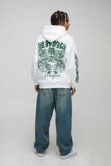 White Oversized Man Floral Dragon Printed Hoodie