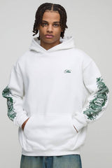 White Oversized Man Floral Dragon Printed Hoodie