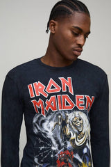 Black Regular Fit Iron Maiden Acid Wash License Printed Long Sleeve T-Shirt