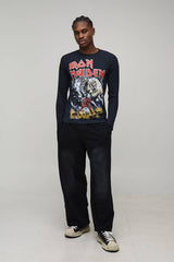 Black Regular Fit Iron Maiden Acid Wash License Printed Long Sleeve T-Shirt