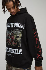 Black Oversized Boxy Hustle Printed Hoodie