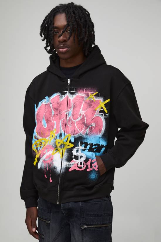 Black Oversized Boxy Zip Through Ofcl Graffiti Spray Printed Hoodie