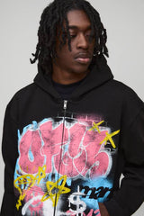 Black Oversized Boxy Zip Through Ofcl Graffiti Spray Printed Hoodie