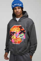 Charcoal Oversized Boxy Zip Through Graffiti Printed Hoodie