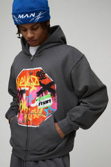 Charcoal Oversized Boxy Zip Through Graffiti Printed Hoodie