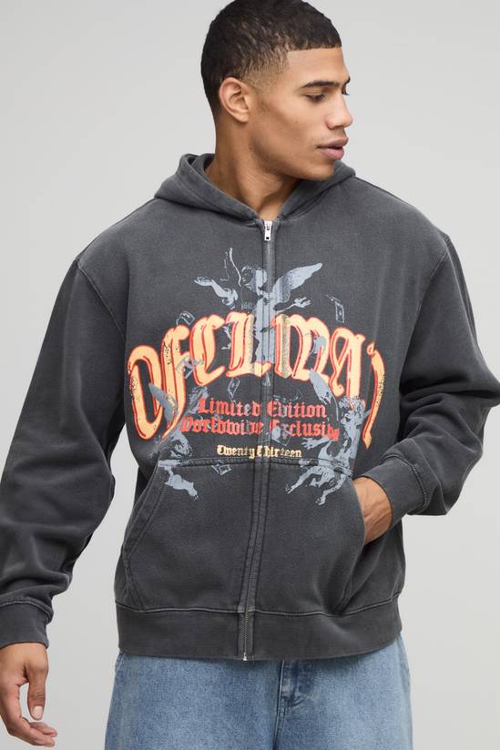 Washed Charcoal Oversized Boxy Zip Through Ofcl Man Printed Hoodie