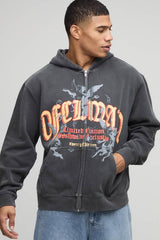 Washed Charcoal Oversized Boxy Zip Through Ofcl Man Printed Hoodie