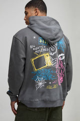 Washed Charcoal Oversized Doodle Printed Hoodie