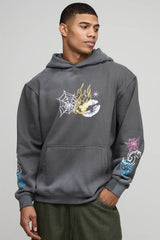 Washed Charcoal Oversized Doodle Printed Hoodie
