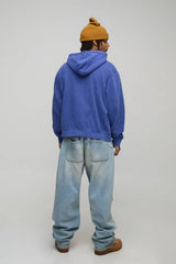 Navy Oversized Boxy Zip Through Eagle Washed Printed Hoodie