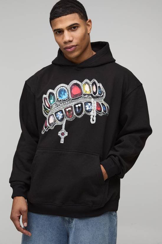 Black Oversized Diamond Printed Hoodie