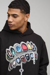 Black Oversized Diamond Printed Hoodie