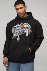 Black Oversized Diamond Printed Hoodie