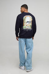 Navy Relaxed Fit Chalet Landscape Printed Sweatshirt