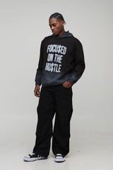 Black Oversized Hustle Washed Seam Printed Hoodie