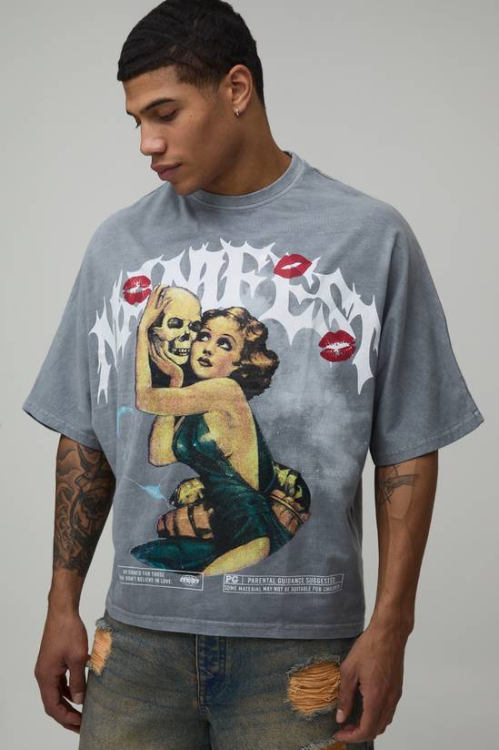 Oversized Boxy Washed Gothic Printed T-Shirt