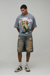 Oversized Boxy Washed Gothic Printed T-Shirt
