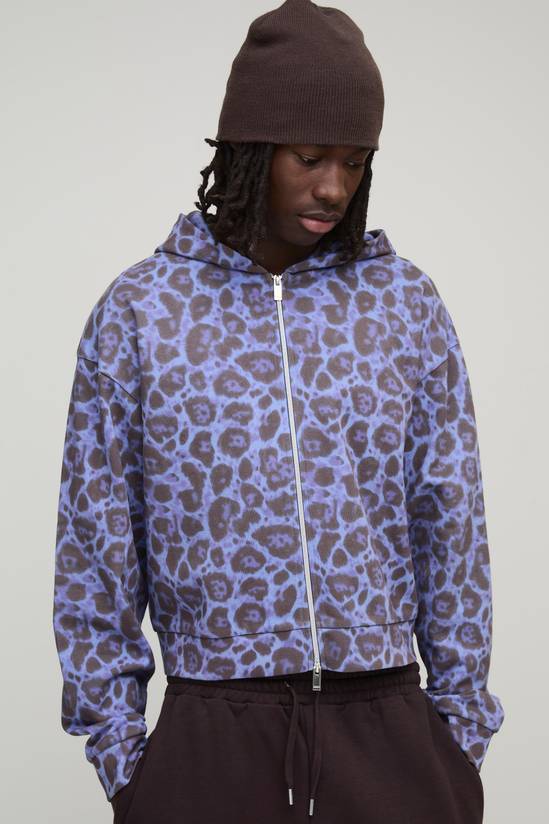 Shrunken Fit Leopard Print Zip Through Hoodie