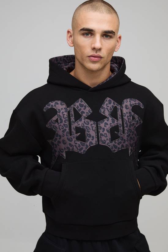 Oversized Shrunken Boxy Leopard Print Applique Hoodie