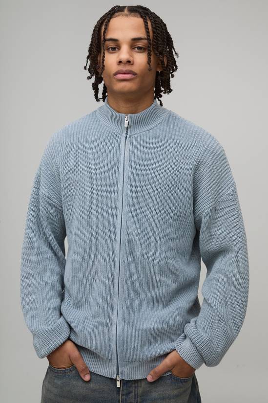 Relaxed Fit Acid Wash Ribbed Funnel Zip Thru Knitted Jumper