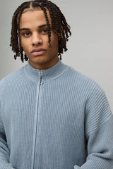 Relaxed Fit Acid Wash Ribbed Funnel Zip Thru Knitted Jumper
