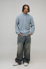 Relaxed Fit Acid Wash Ribbed Funnel Zip Thru Knitted Jumper
