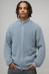Relaxed Fit Acid Wash Ribbed Funnel Zip Thru Knitted Jumper