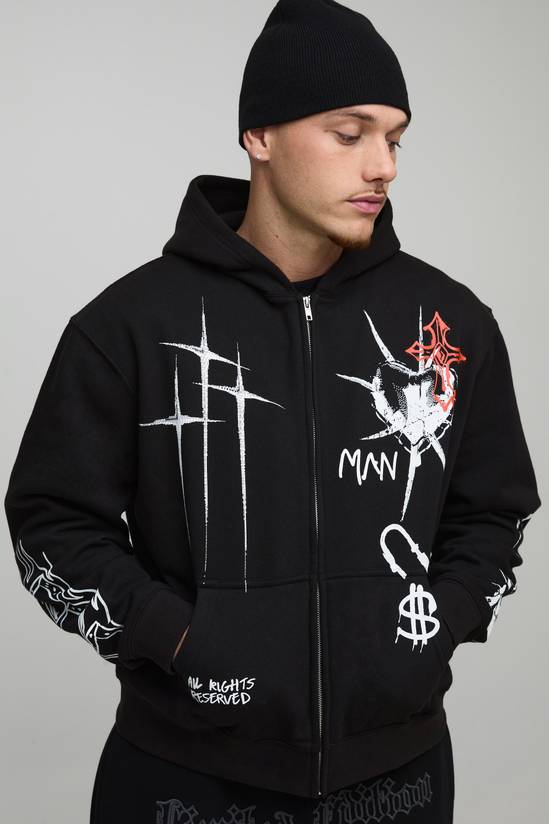 Black Oversized Boxy Graffiti Tattoo Printed Zip Through Hoodie