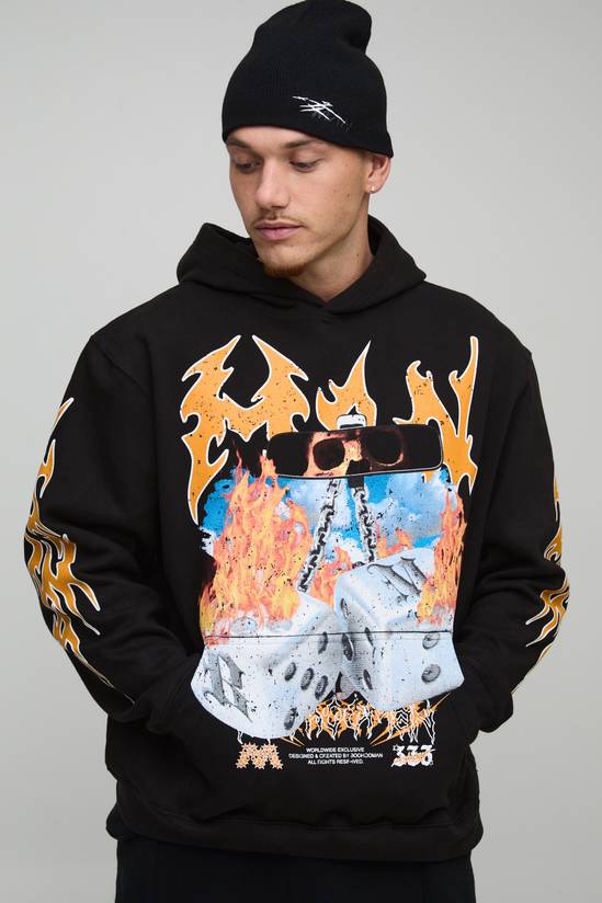Black Oversized Dice Flame Printed Hoodie