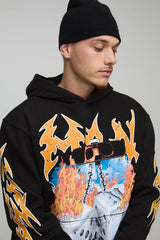 Black Oversized Dice Flame Printed Hoodie