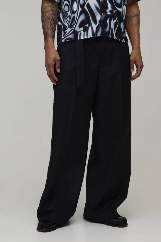 Wide Fit Belted Pleat Front Tailored Trousers