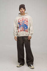 Stone Oversized Boxy Rodeo Printed Zip Through Hoodie