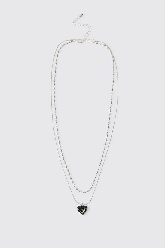 Double-Layer Silver Necklace with Black Molten Heart