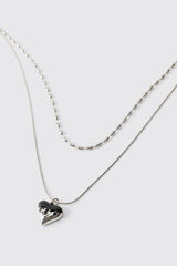 Double-Layer Silver Necklace with Black Molten Heart
