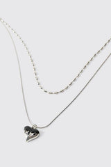 Double-Layer Silver Necklace with Black Molten Heart