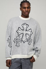 Tall Oversized Boxy Fluffy Cross Jacquard Knitted Jumper
