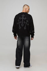 Relaxed Boxy Brushed Gothic Cross Knitted Cardigan