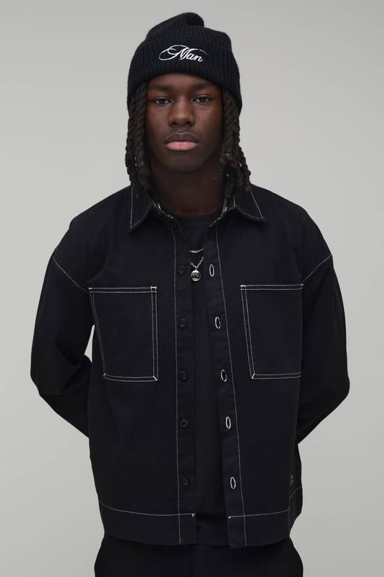Regular Fit Contrast Stitch Twill Boxy Overshirt