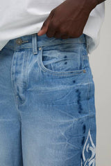 Washed Tribal Graphic Baggy Fit Jeans