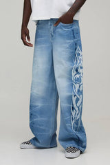 Washed Tribal Graphic Baggy Fit Jeans