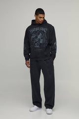 Black Oversized Graphic Acid Wash Hoodie