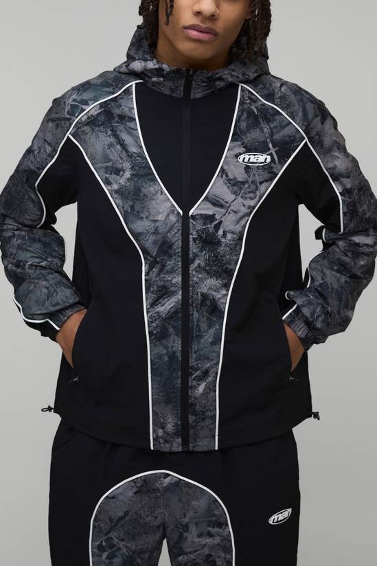 Regular Fit Nylon Camo Colour Block Piping Hooded Track Jacket