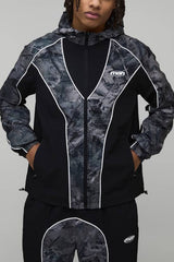 Regular Fit Nylon Camo Colour Block Piping Hooded Track Jacket