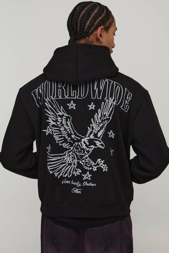 Black Oversized Boxy Zip Through Worldwide Printed Hoodie