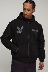 Black Oversized Boxy Zip Through Worldwide Printed Hoodie