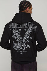 Black Oversized Boxy Zip Through Worldwide Printed Hoodie